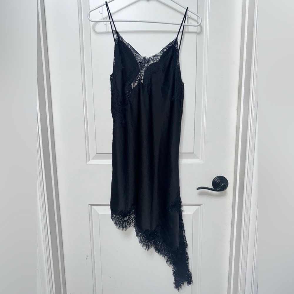 Zara Asymmetrical Black Lace Mini Dress S Chemise slip satin slit delicate LBD 2 - Picture 7 of 10